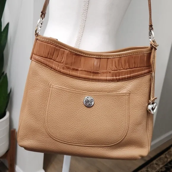 Brighton Pebbled Leather Crocodile Embossed Shoulder Handbag Purse Brown Camel - Picture 4 of 17